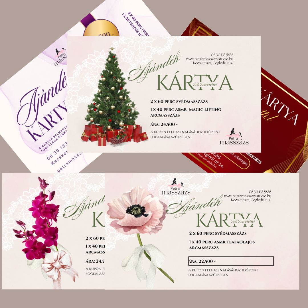 Öt féle gyönyörű szép masszázsra szóló ajándékkártyát tudsz vásárolni a Petra Szalonban születésnapra, karácsonyra szeretteidnek.