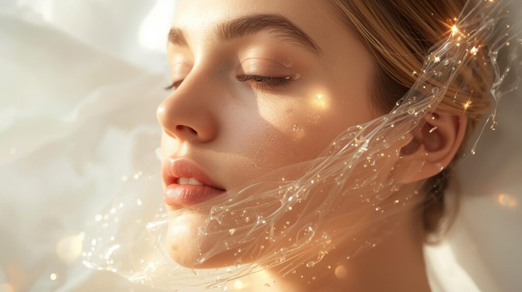 Aranykollagénszálas arckezelés prémium, ragyogó arany tónusú spa környezetben.