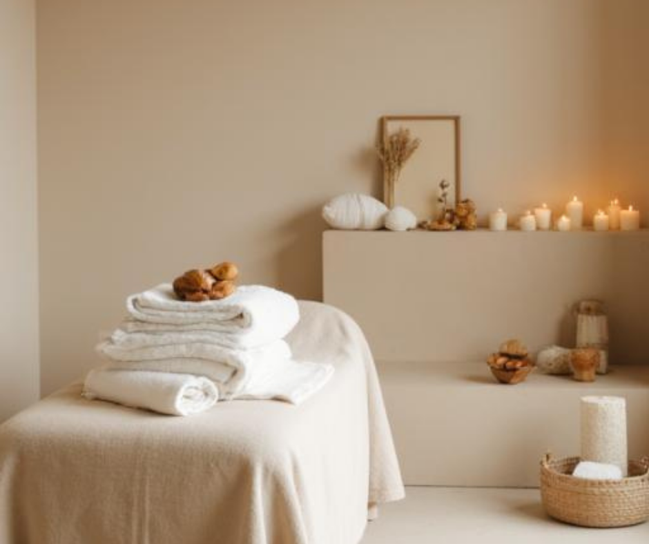 Letisztult, nyugodt hangulatú masszázsszoba fehér törölközőkkel, gyertyákkal és bézs tónusú dekorációval – a testi-lelki feltöltődés tere.