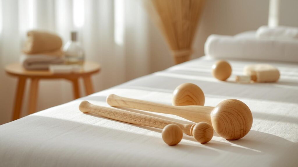 Feszesítést segítő madeoterápiás masszázs természetes, letisztult spa környezetben.
